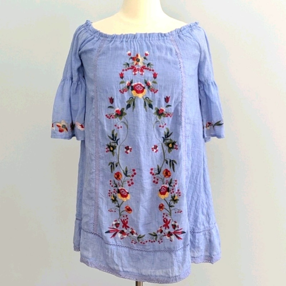 UMGEE Chambray Embroidered Ruffle Sleeve Mini